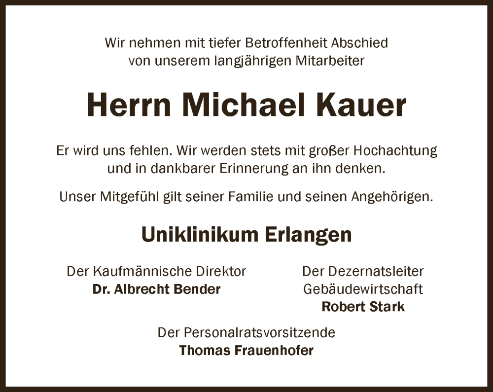  Traueranzeige für Michael Kauer vom 10.01.2026 aus MGO