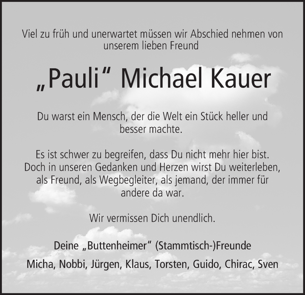  Traueranzeige für Michael Kauer vom 03.01.2026 aus MGO