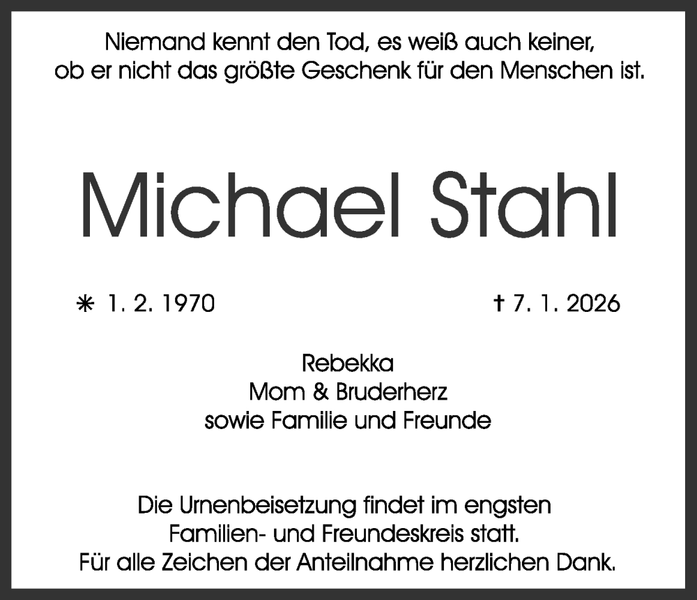  Traueranzeige für Michael Stahl vom 17.01.2026 aus MGO