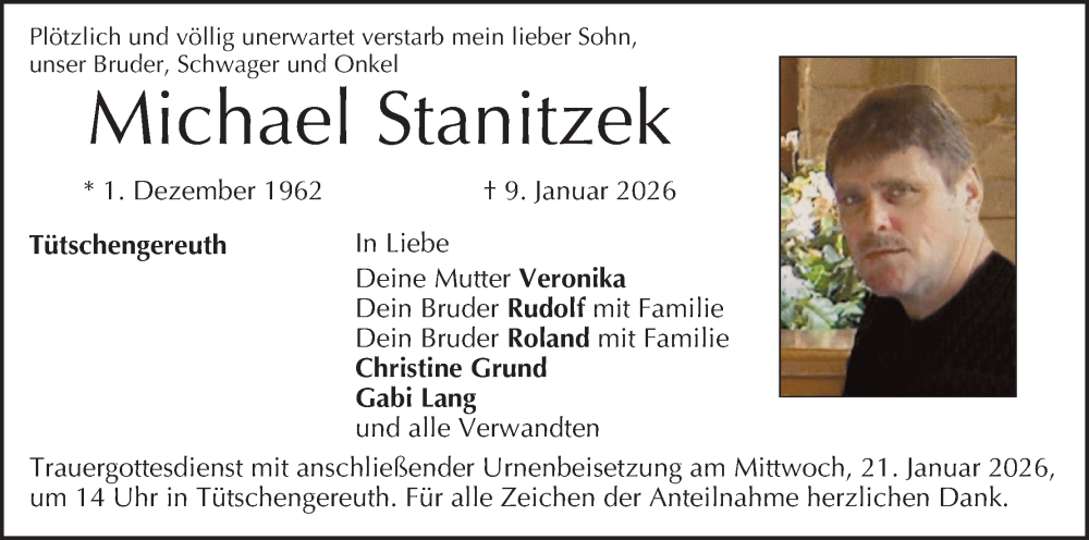  Traueranzeige für Michael Stanitzek vom 17.01.2026 aus MGO