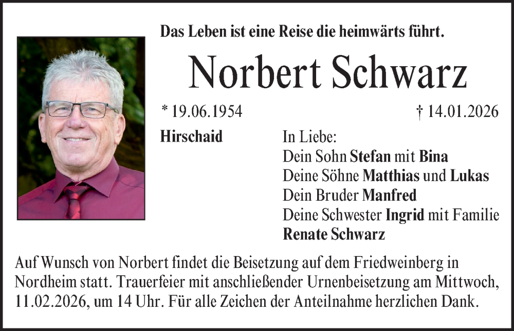  Traueranzeige für Norbert Schwarz vom 24.01.2026 aus MGO