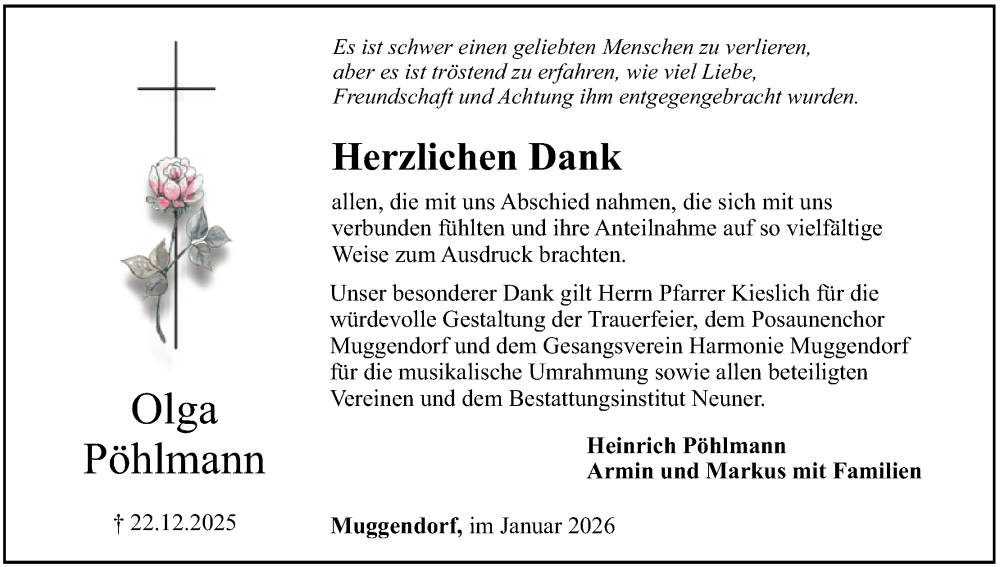  Traueranzeige für Olga Pöhlmann vom 24.01.2026 aus MGO