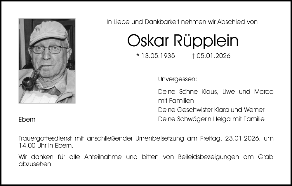  Traueranzeige für Oskar Rüpplein vom 21.01.2026 aus MGO