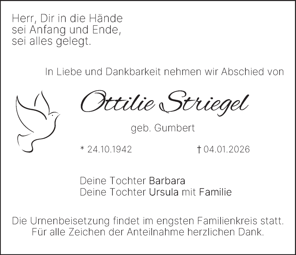  Traueranzeige für Ottilie Striegel vom 10.01.2026 aus MGO