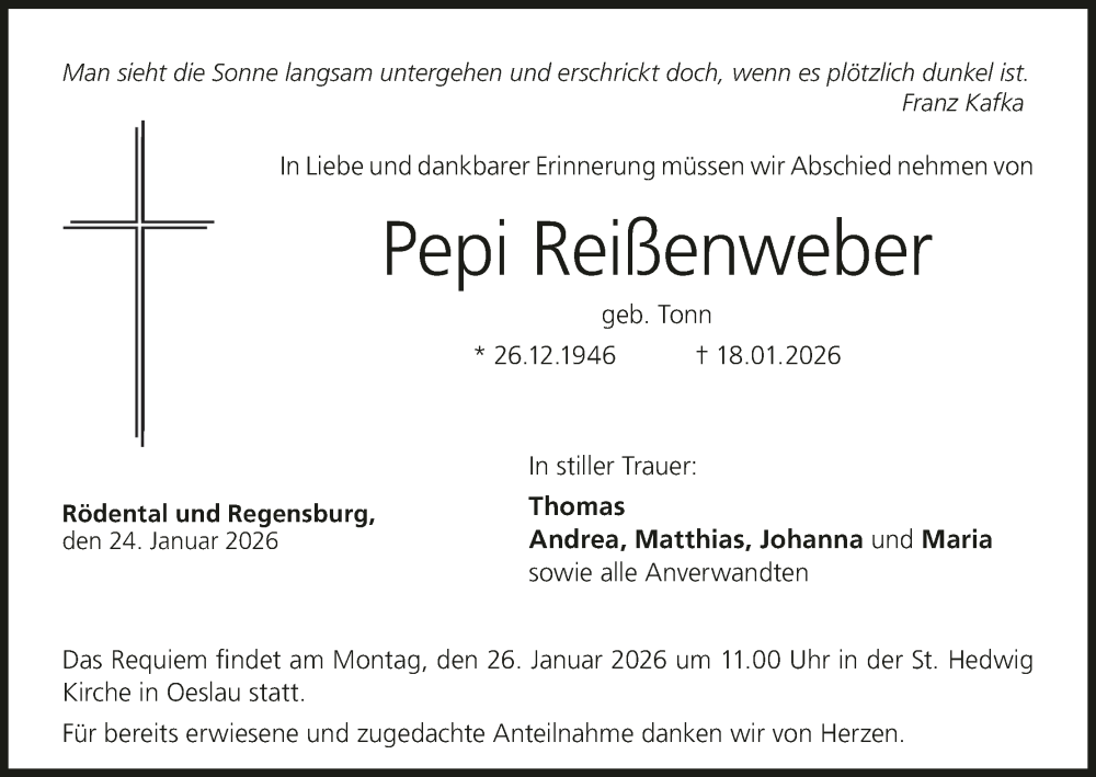  Traueranzeige für Pepi Reißenweber vom 24.01.2026 aus MGO