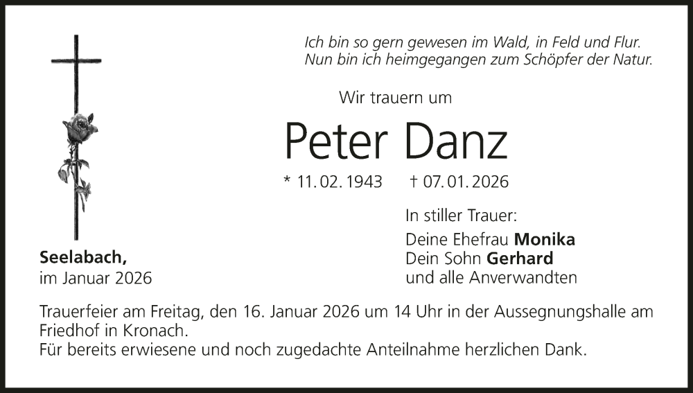  Traueranzeige für Peter Danz vom 13.01.2026 aus MGO