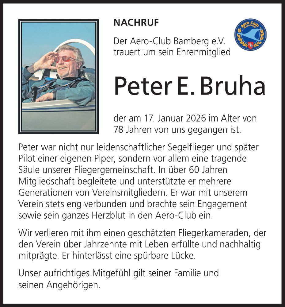  Traueranzeige für Peter E. Bruha vom 31.01.2026 aus MGO