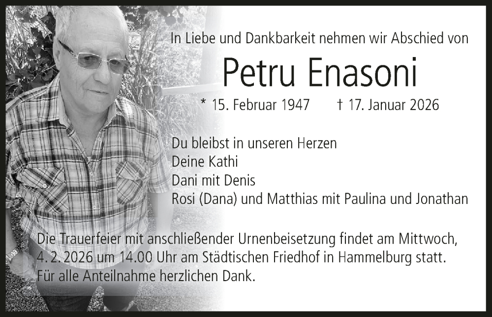  Traueranzeige für Petru Enasoni vom 31.01.2026 aus MGO