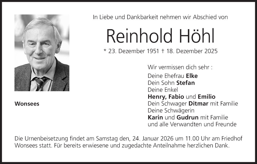  Traueranzeige für Reinhold Höhl vom 17.01.2026 aus MGO