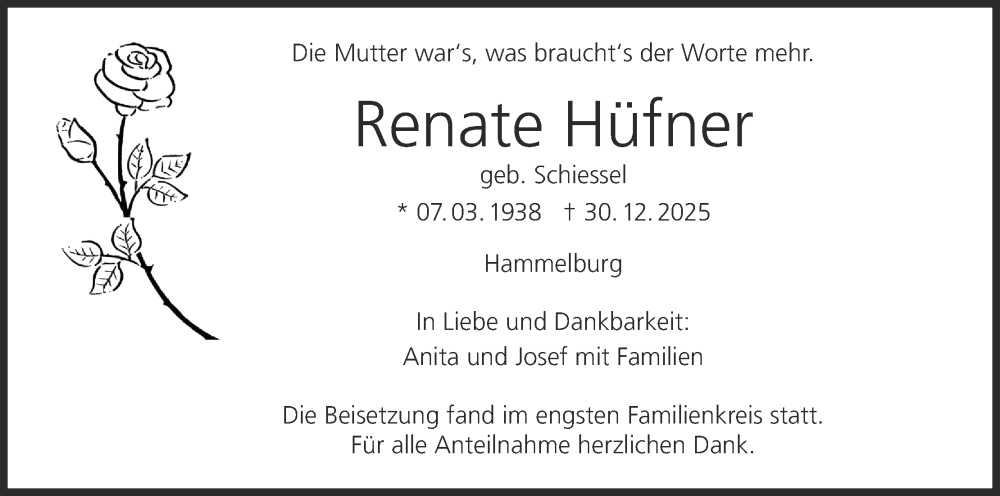 Traueranzeige für Renate Hüfner vom 24.01.2026 aus MGO