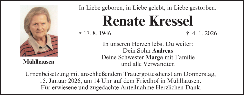  Traueranzeige für Renate Kressel vom 10.01.2026 aus MGO