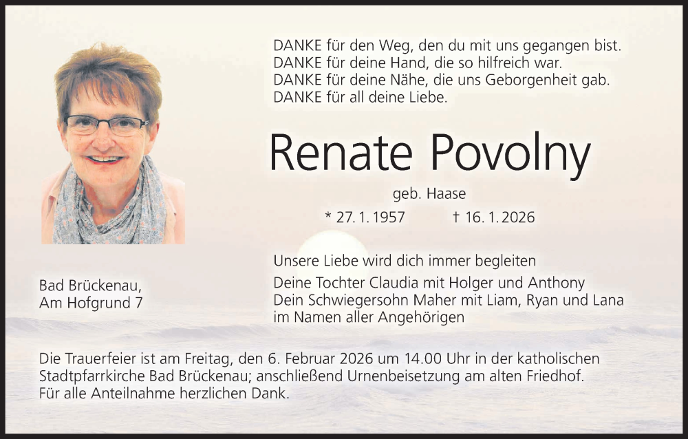  Traueranzeige für Renate Povolny vom 31.01.2026 aus MGO