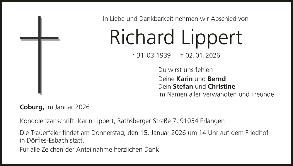  Traueranzeige für Richard Lippert vom 10.01.2026 aus MGO