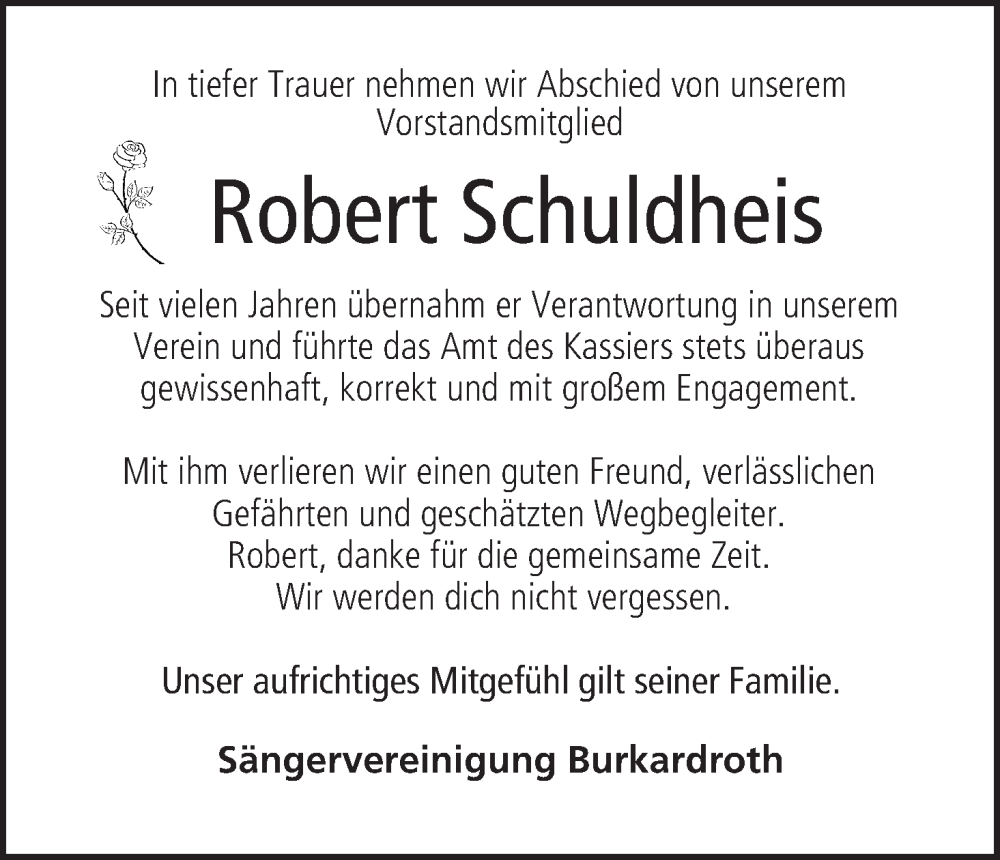  Traueranzeige für Robert Schuldheis vom 10.01.2026 aus MGO