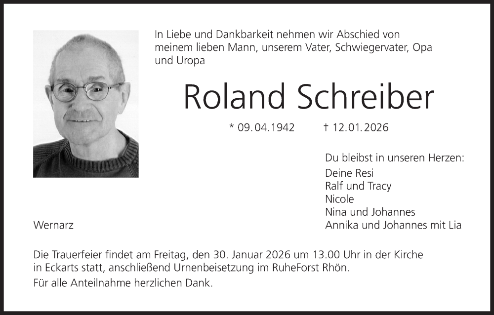  Traueranzeige für Roland Schreiber vom 17.01.2026 aus MGO