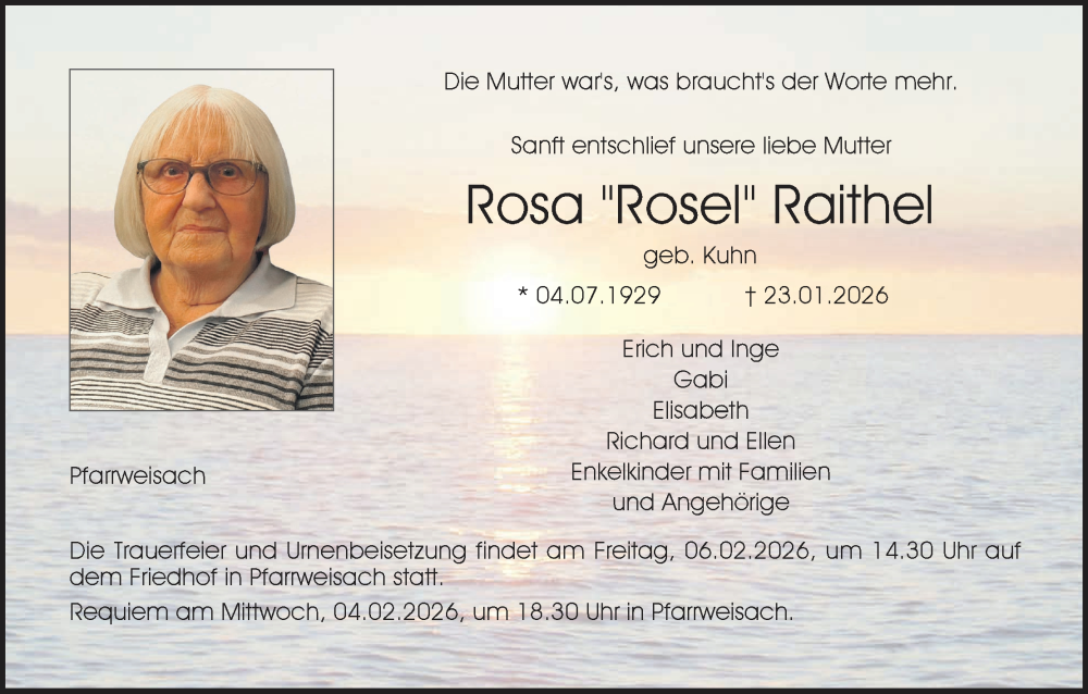  Traueranzeige für Rosa Raithel vom 31.01.2026 aus MGO