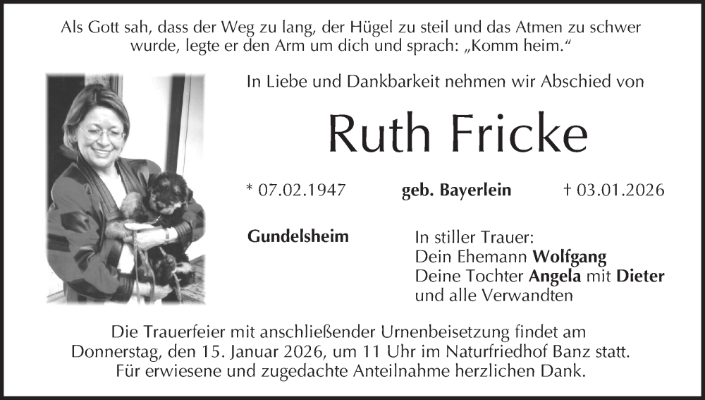  Traueranzeige für Ruth Fricke vom 10.01.2026 aus MGO