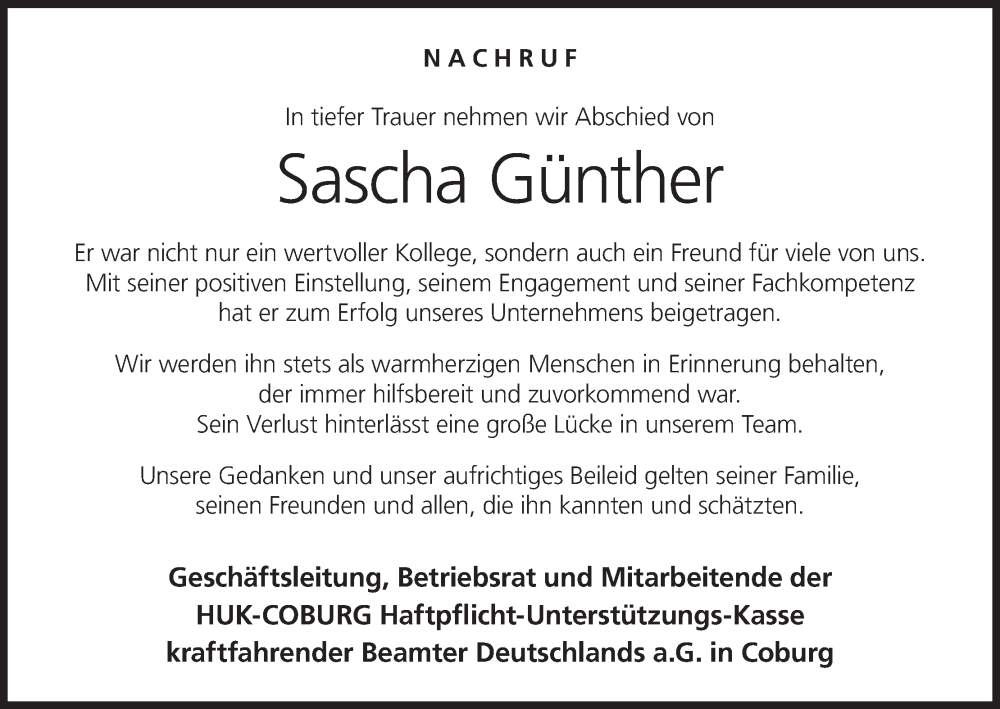  Traueranzeige für Sascha Günther vom 17.01.2026 aus MGO