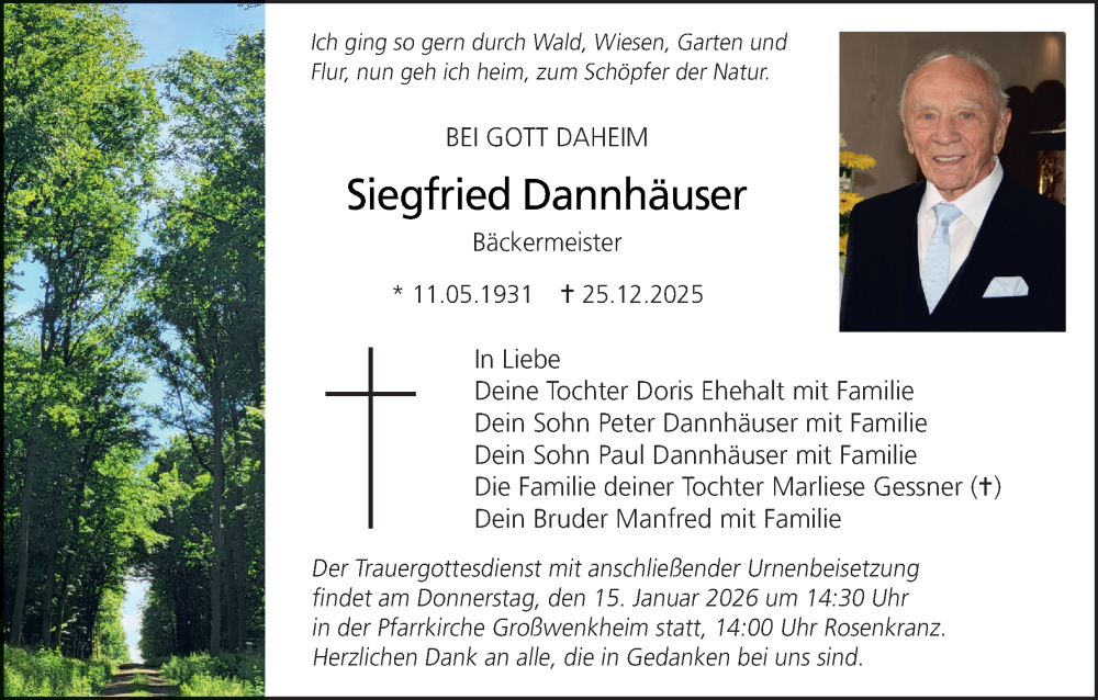  Traueranzeige für Siegfried Dannhäuser vom 10.01.2026 aus MGO