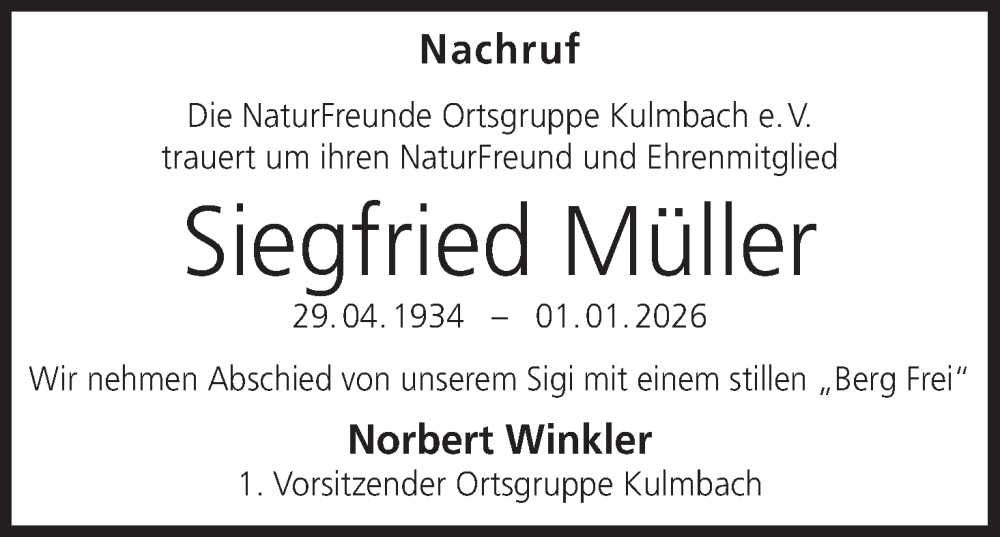  Traueranzeige für Siegfried Müller vom 17.01.2026 aus MGO