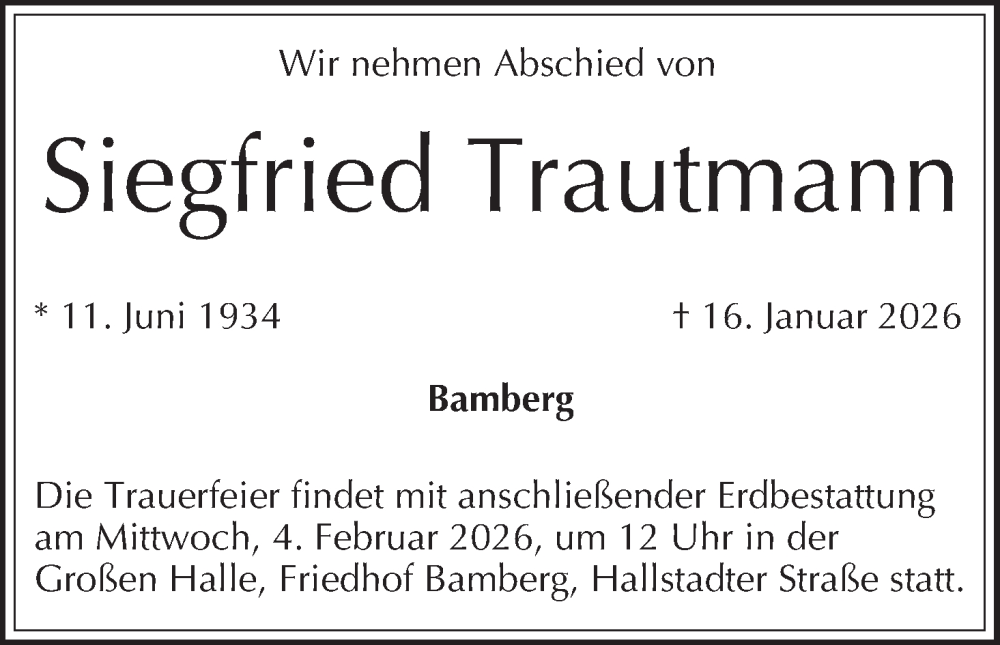  Traueranzeige für Siegfried Trautmann vom 31.01.2026 aus MGO