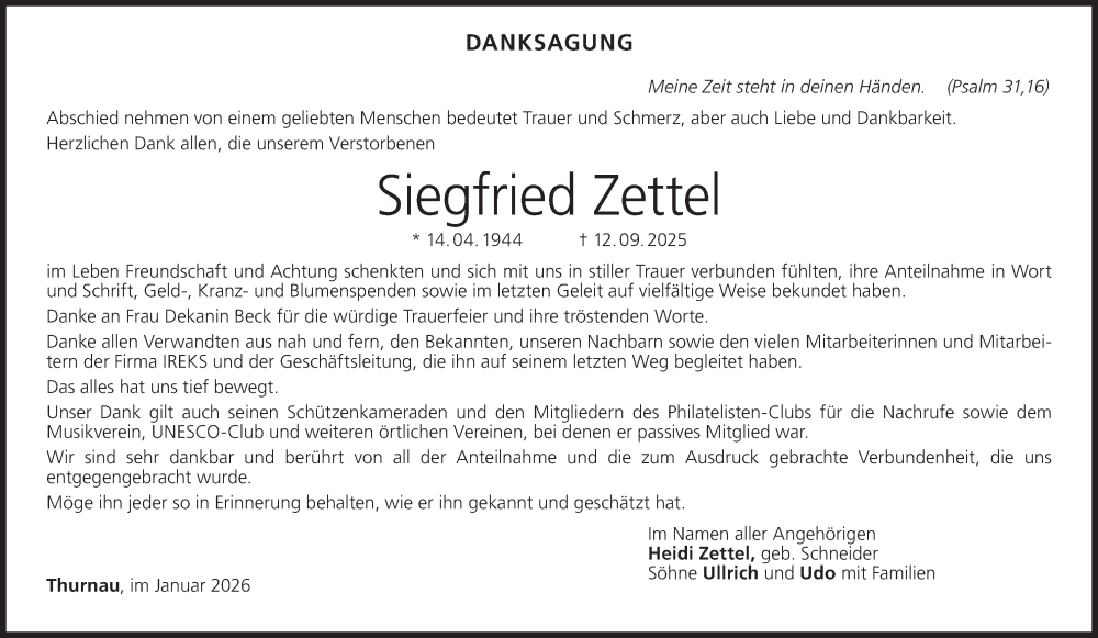  Traueranzeige für Siegfried Zettel vom 17.01.2026 aus MGO