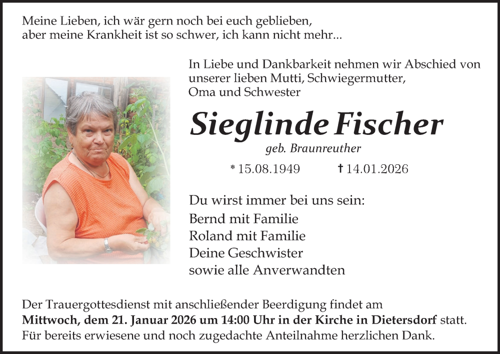 Traueranzeige für Sieglinde Fischer vom 17.01.2026 aus MGO