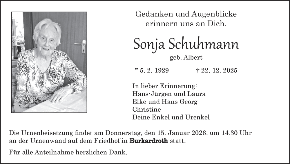  Traueranzeige für Sonja Schuhmann vom 10.01.2026 aus MGO