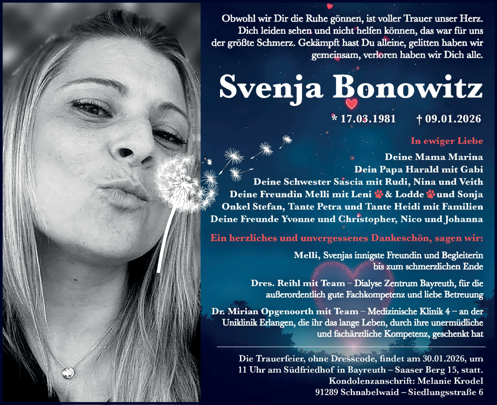  Traueranzeige für Svenja Bonowitz vom 24.01.2026 aus MGO