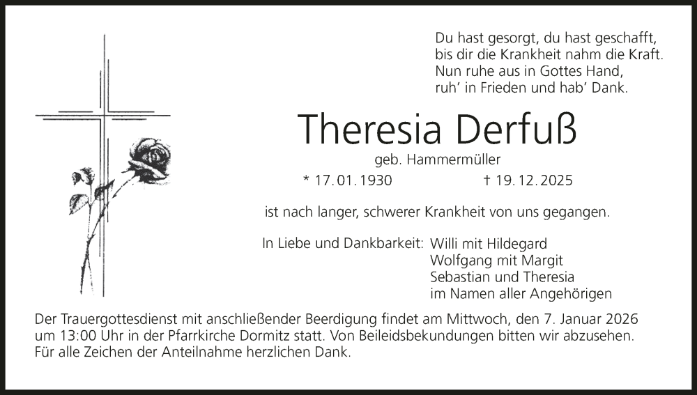  Traueranzeige für Theresia Derfuß vom 03.01.2026 aus MGO