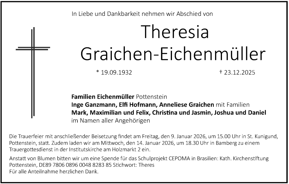  Traueranzeige für Theresia Graichen-Eichenmüller vom 03.01.2026 aus MGO