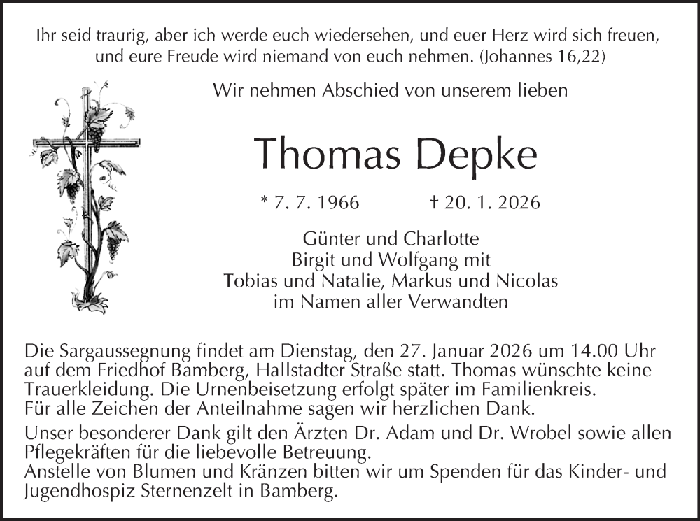  Traueranzeige für Thomas Depke vom 24.01.2026 aus MGO