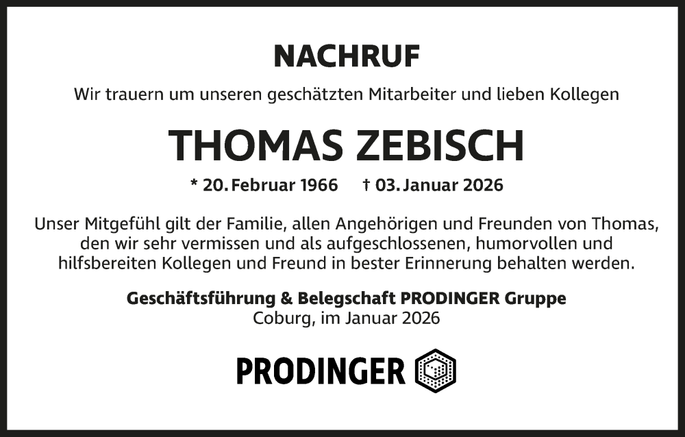  Traueranzeige für Thomas Zebisch vom 17.01.2026 aus MGO