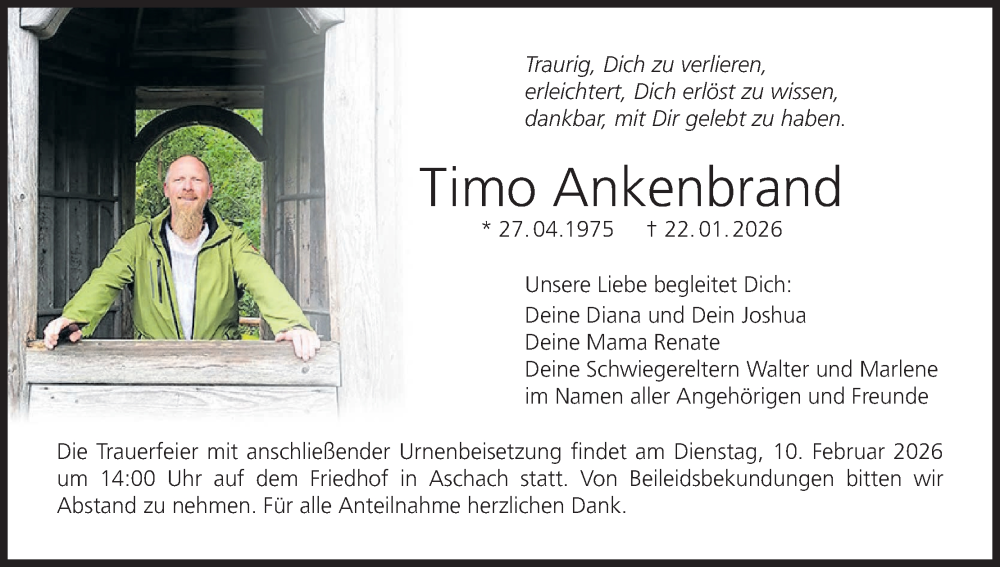  Traueranzeige für Timo Ankenbrand vom 31.01.2026 aus MGO