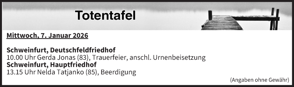  Traueranzeige für Totentafel vom 07.01.2026 vom 07.01.2026 aus MGO