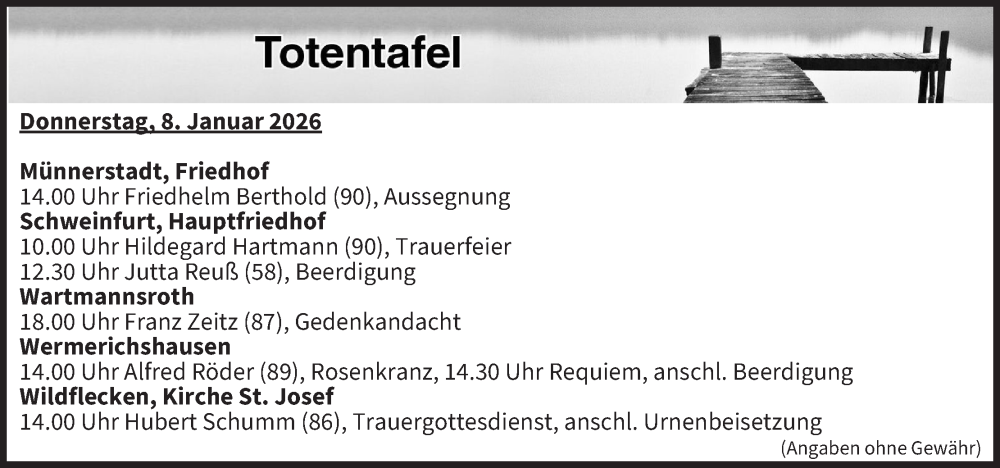  Traueranzeige für Totentafel vom 08.01.2026 vom 08.01.2026 aus MGO