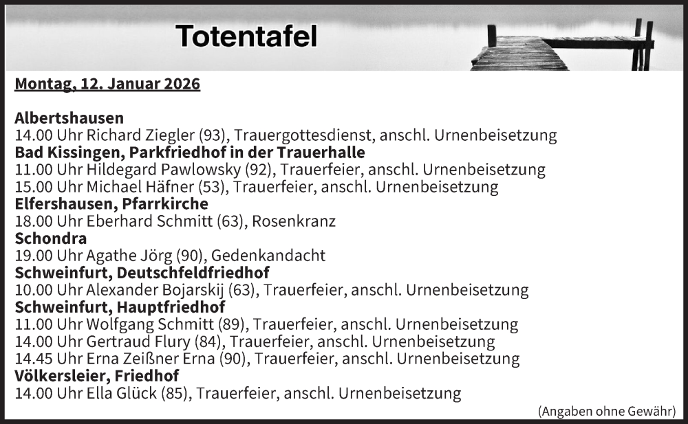  Traueranzeige für Totentafel vom 12.01.2026 vom 12.01.2026 aus MGO