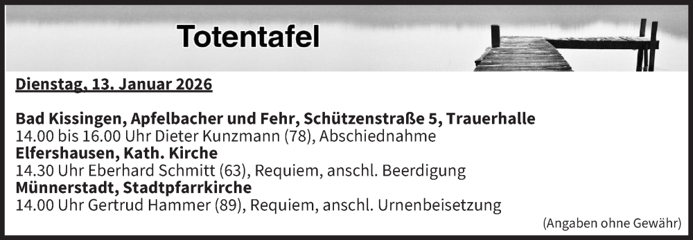  Traueranzeige für Totentafel vom 13.01.2026 vom 13.01.2026 aus MGO