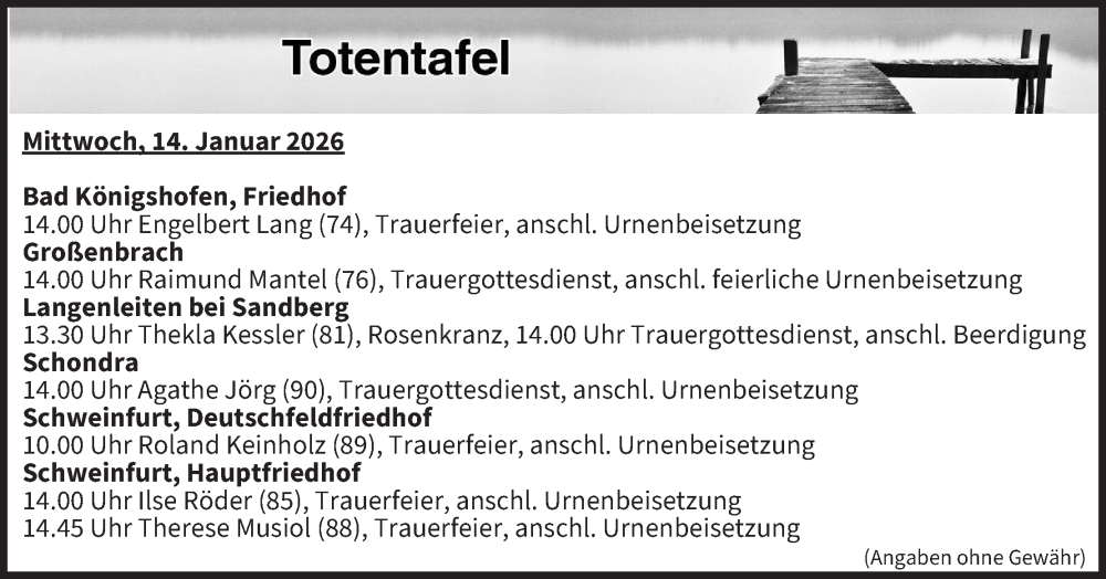  Traueranzeige für Totentafel vom 14.01.2026 vom 14.01.2026 aus MGO
