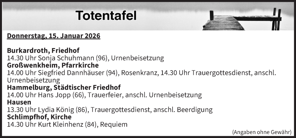  Traueranzeige für Totentafel vom 15.01.2026 vom 15.01.2026 aus MGO