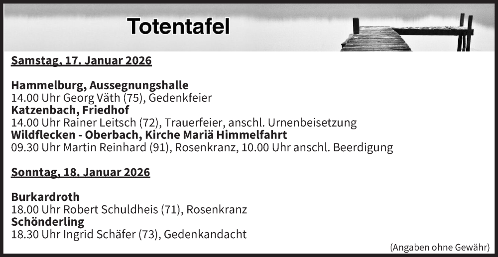  Traueranzeige für Totentafel vom 17.01.2026 vom 17.01.2026 aus MGO