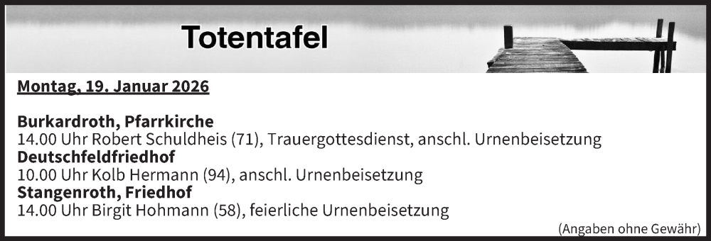  Traueranzeige für Totentafel vom 19.01.2026 vom 19.01.2026 aus MGO
