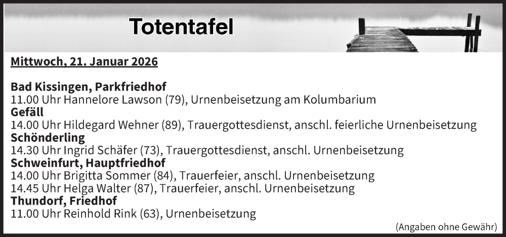  Traueranzeige für Totentafel vom 21.01.2026 vom 21.01.2026 aus MGO