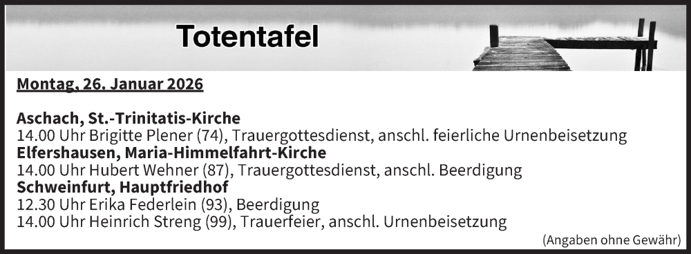  Traueranzeige für Totentafel vom 26.01.2026 vom 26.01.2026 aus MGO