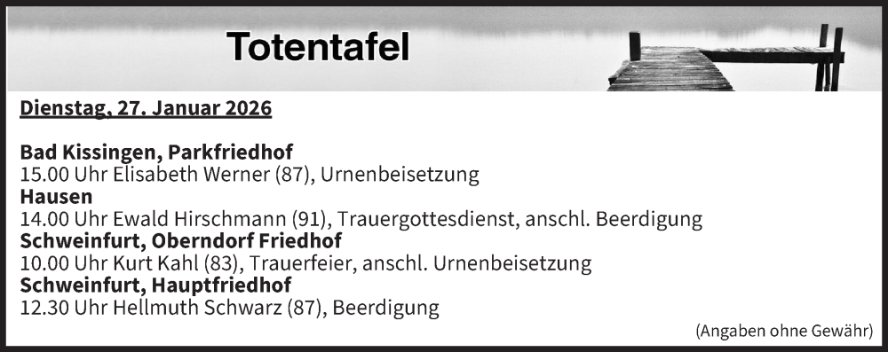  Traueranzeige für Totentafel vom 27.01.2026 vom 27.01.2026 aus MGO