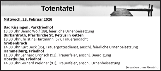 Anzeige von Totentafel vom 28.01.2026 von MGO