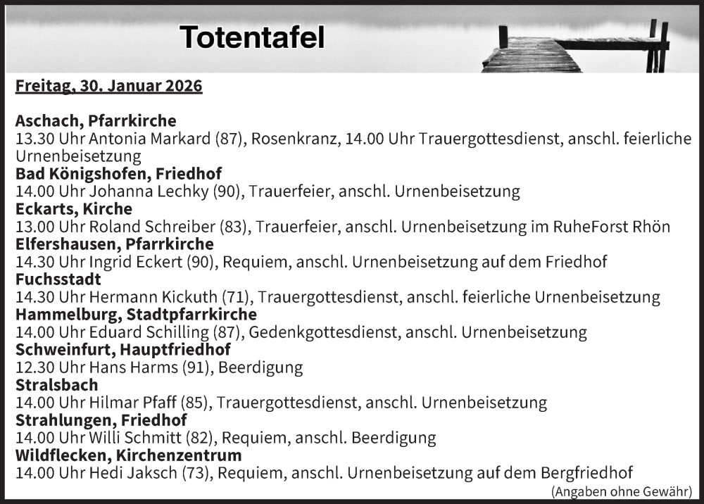  Traueranzeige für Totentafel vom 30.01.2026 vom 30.01.2026 aus MGO