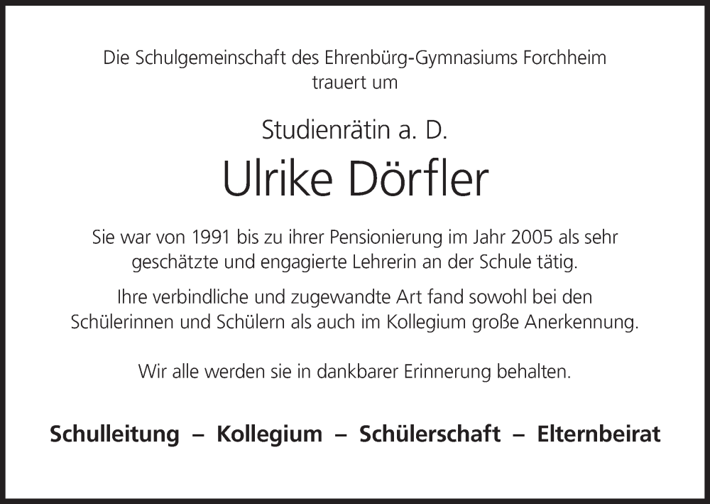  Traueranzeige für Ulrike Dörfler vom 31.01.2026 aus MGO