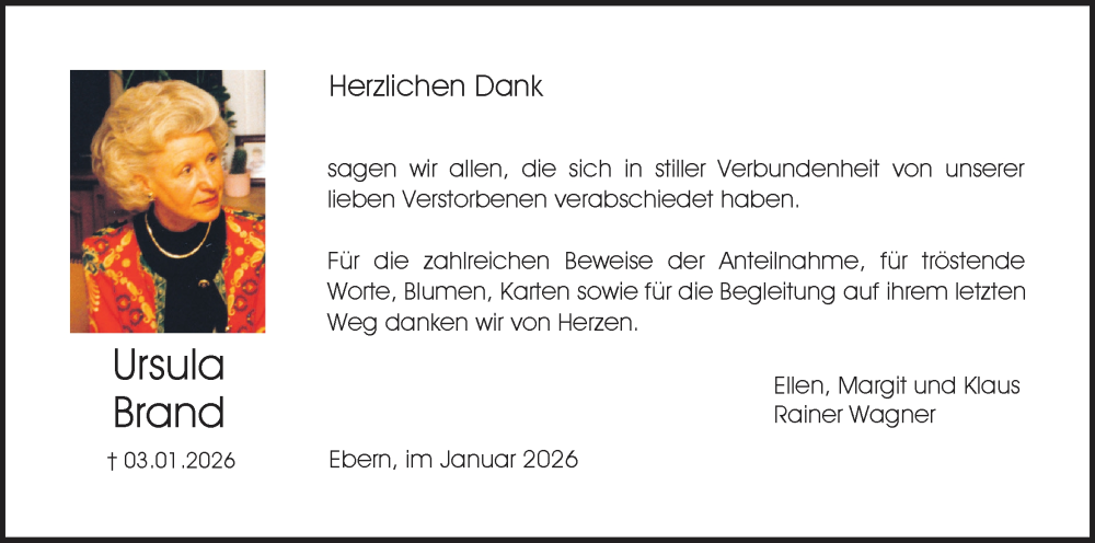  Traueranzeige für Ursula Brand vom 17.01.2026 aus MGO