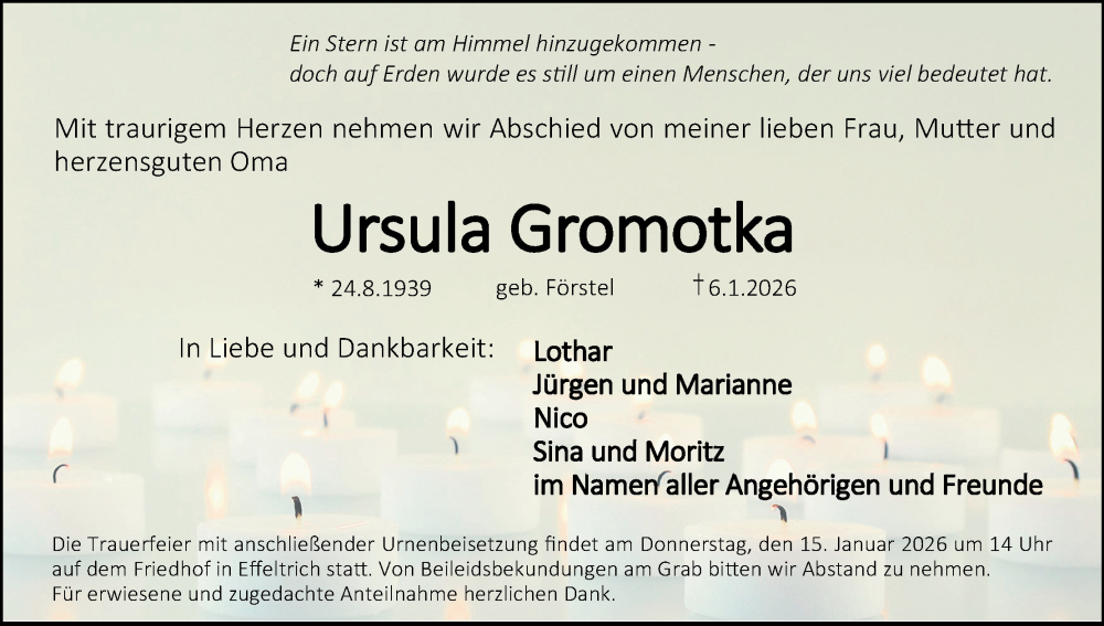  Traueranzeige für Ursula Gromotka vom 10.01.2026 aus MGO